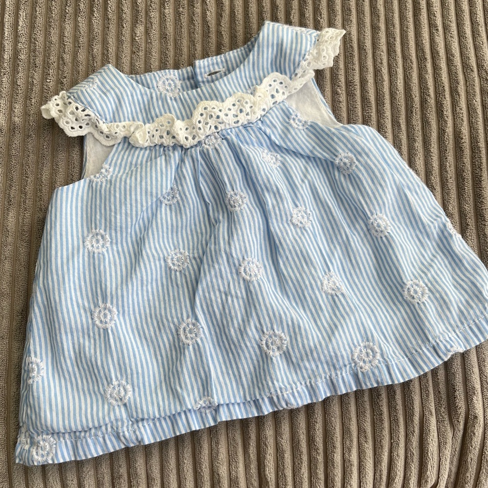 Little Me Blue and White Flutter Sleeve Babydoll Dress